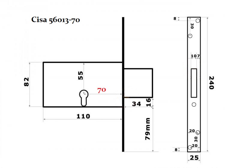 Замок Cisa (Чиза) 56.013.70 врезной замок
