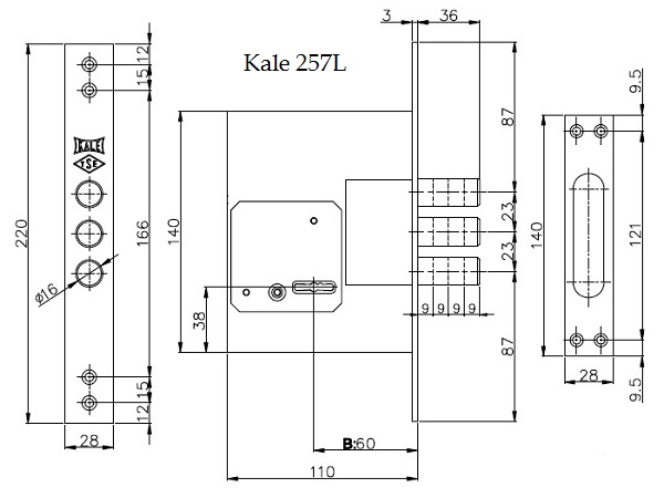 Замок Kale 257 L тех. комплектация 4 ключа