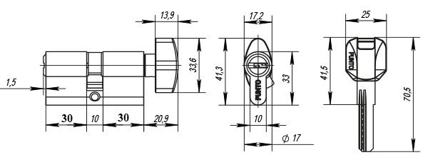 Цилиндр Punto Z4002Knob70 (30+10+30) с вертушкой PB латунь